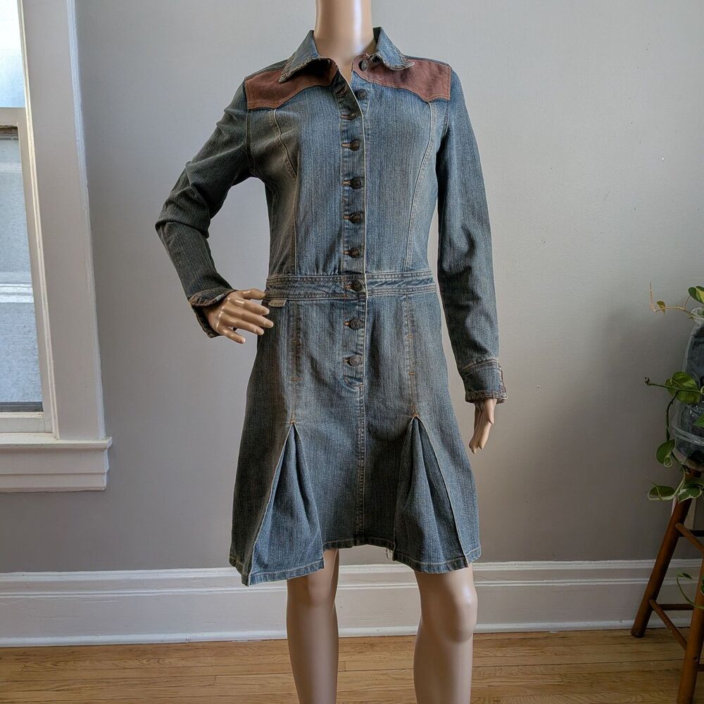 Vintage Y2K U.S. Polo Assn. Denim Mini Dress Faux Leather Western Size 7/8